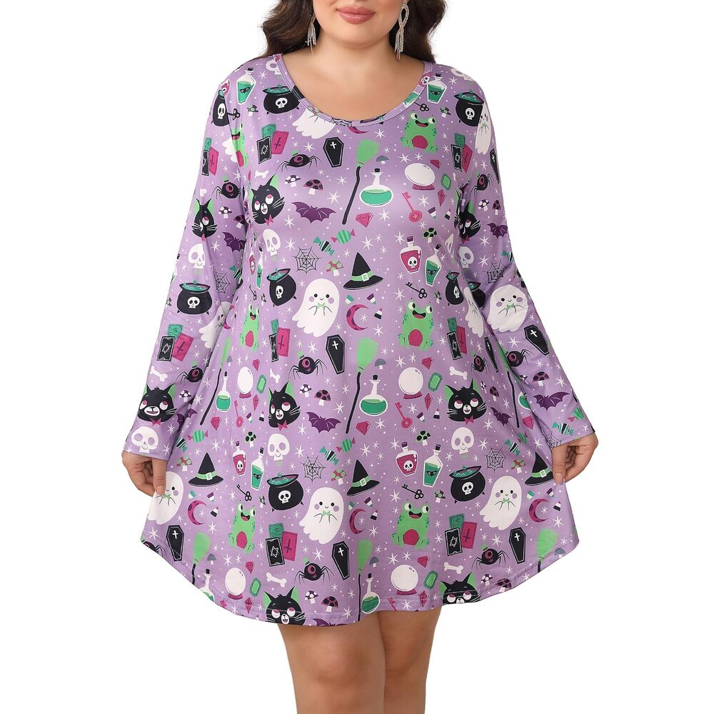 1942 Long Sleeve Halloween Print Swing Short Dress Cute Costume Tunic